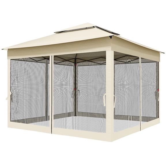Outdoor Patio Pop Up Canopy Gazebo Shelter with Zipper Netting, Carry Bag, 11' x 11', Beige