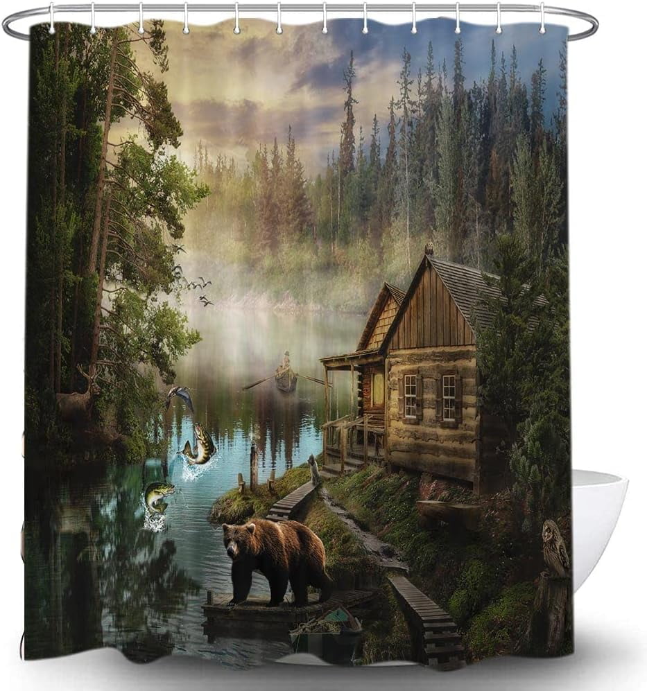 Forest Bear Shower Curtain, Vintage Cabin Country Natural Scenery Lake House Bath Curtain, Wildlife Farm Animals Camping Decor Fabric Bathroom Set with Hook 60x70