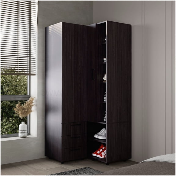 Modern Wenge Armoire with 7 Shelves & 2 Drawers, Freestanding Storage Cabinet