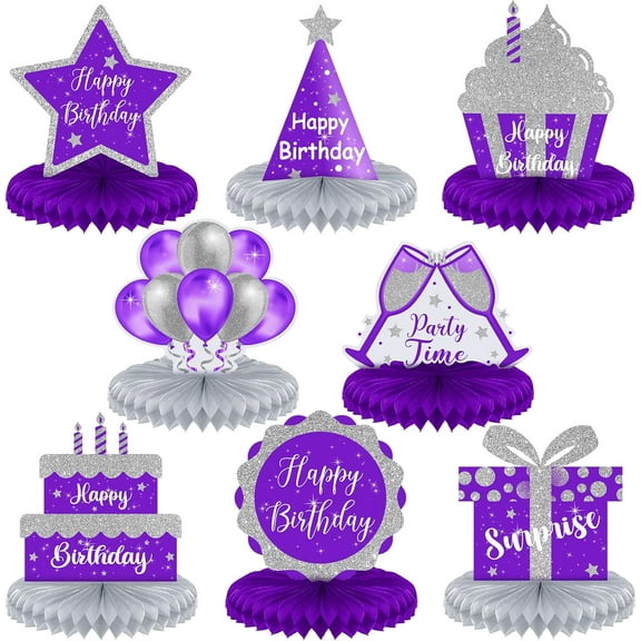 8 Pcs Purple and Silver Birthday Centerpiece Table Decoration, Happy Birthday Honeycomb Centerpieces Honeycomb Table Toppers for Men Women Party Supplies