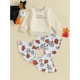 thumbnail image 3 of Wassery Toddler Girls 2PCS Fall Winter Clothes Long Sleeve Letter Print Sweatshirt Pullover Pumpkin Print Flare Pants Set 6M 12M 18T 24T 3T 4T 5T Kids Little Girls Casual Outfits Set, 3 of 8