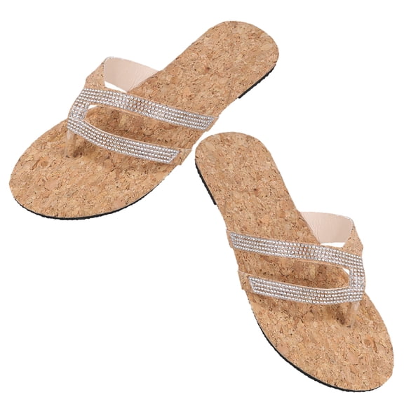 HEMOTON Rhinestone Adorned Women Sandals for Beach Casual Use Light Brown Artificial PU Breathable Lightweight