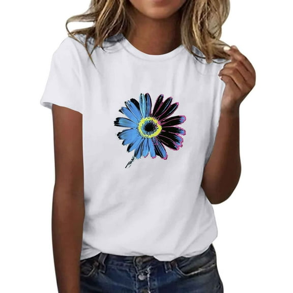 QunYou Womens Floral Tops for $5 Tops for Women Casual Spring Summer Women Plus Size Short Sleeves Round Neck Blouse Pullover Shirt Ladies' Fashionable Printed T-shirt