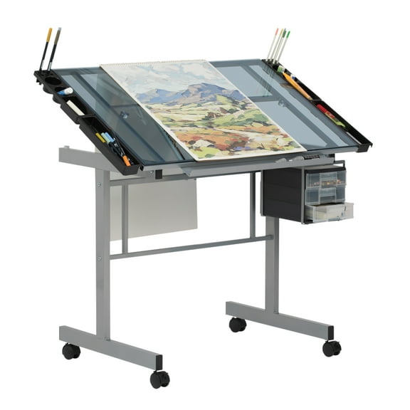 Studio Designs Vision Craft Station Tempered Glass Adjustable Top, Rolling Drafting Table, Silver Blue