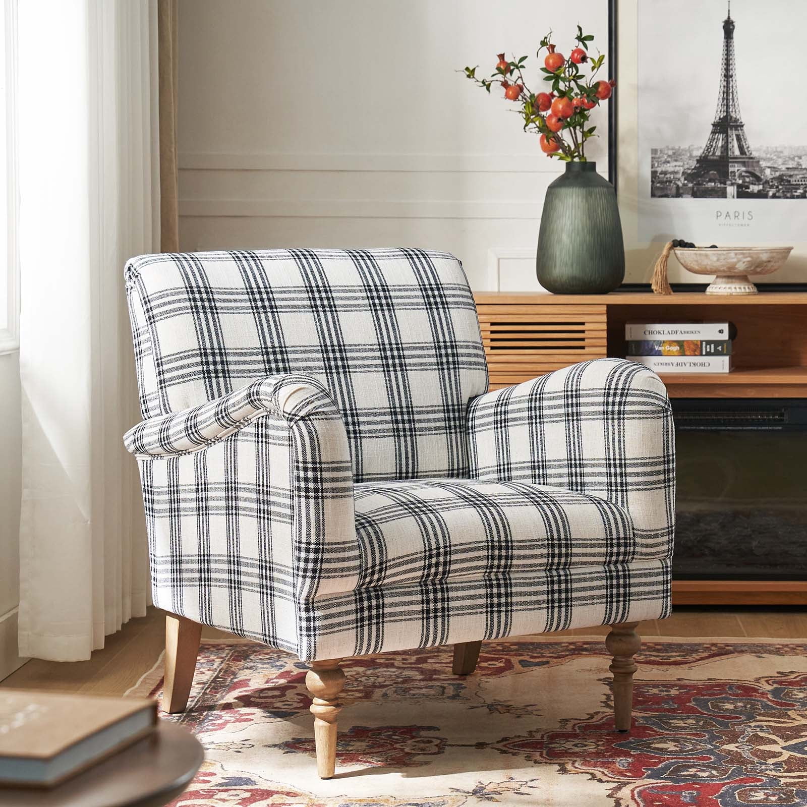 Modern Plaid Accent Chair Upholstered Black Armchair Adult Home Bedroom Living Room