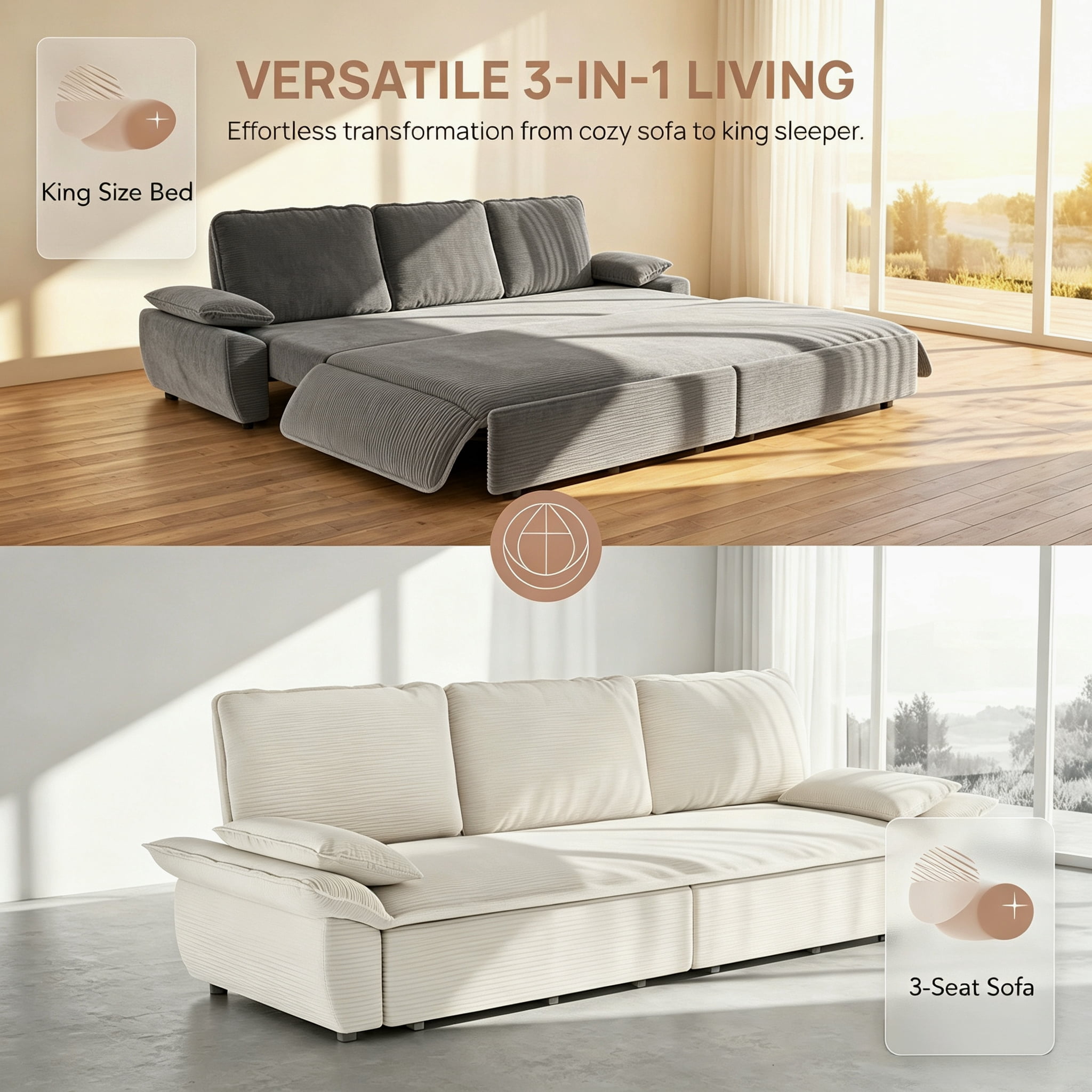 3-in-1 King Size Sleeper Sofa Bed, 94.5" Corduroy Convertible Pull Out Couch with Steel Frame, Modern Folding Lounge Sofa for Living Room, Dark Gray