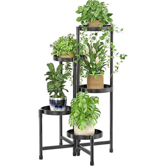 5-Tier Corner Plant Stand, Folding Metal Flower Rack for Indoor & Outdoor, Tall Black Plant Shelf for Living Room, Patio, Garden