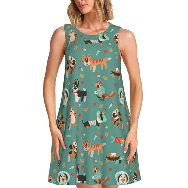 Bingfone Robe Sans Manches Imprimée Cliniques Vétérinaires pour Femmes, Coupe Ample Robe d'Été Décontractée, Confortable et Légère pour Usage Quotidien