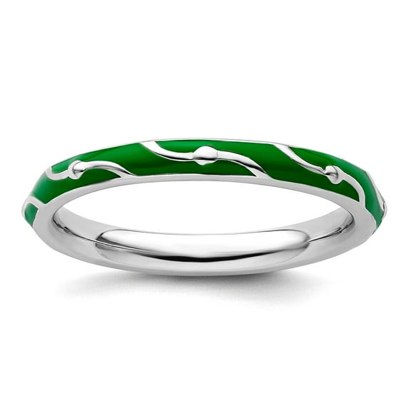 2.5mm 925 Sterling Silver Polished Patterned Stackable Green Enamel Ring Size 8 Stackable Ring for Women