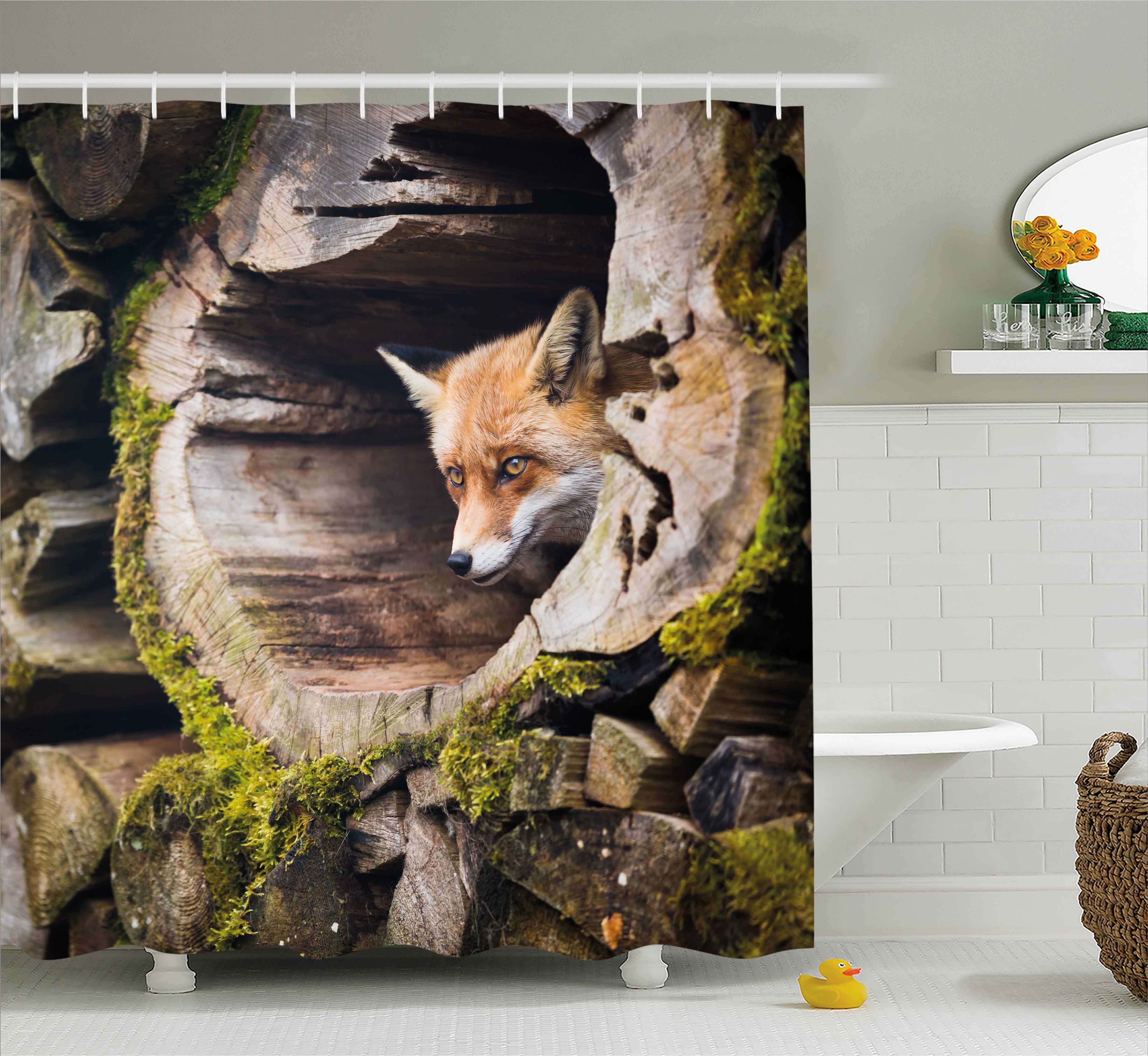 Animal Shower Curtain, Forest Nature Wild Fox with Hazel Eyes in a