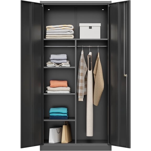 Metal Locking Storage Cabinet with 2 Doors and Adjustbale Shelves,Steel Wardrobe Storage Locker Organizer for Hanging with Lock,Suitable for Garage/Fire Department/Employee/Office-Black