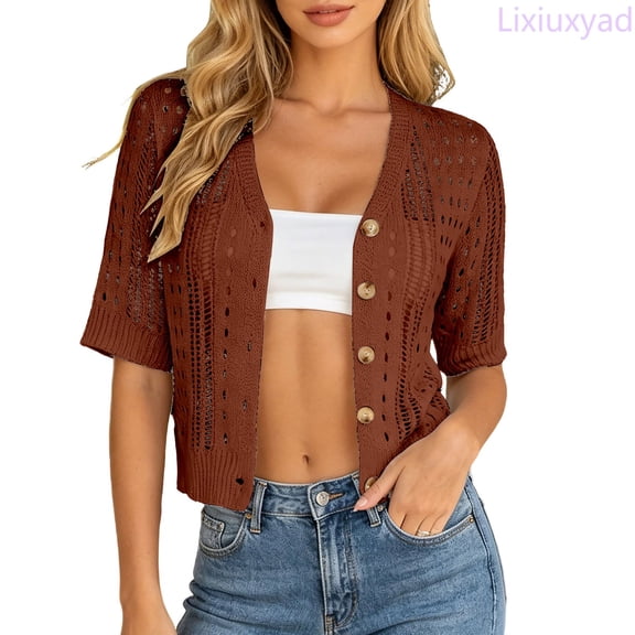 Lixiuxyad Women's Cropped Cardigan Short Sleeve Open-Front Button Down Knit Crochet Cardigan,Brown