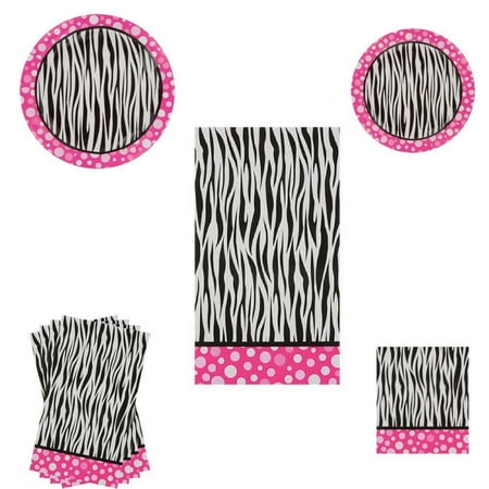 Pink Polka Dot Zebra Print Party Decorations including plates, napkins and tablecloth, These 5 piece bundle of trendy pink polka dot zebra print.., By Party Essentials Ship from US