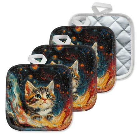 

4Pcs Pot Holder for Kitchen Galactic Kitten Fantasy Composition Square Heat Resistant Hotpads 8x8in Non Slip Dirt-Proof Kitchen Cook Oven Potholders Machine Washable