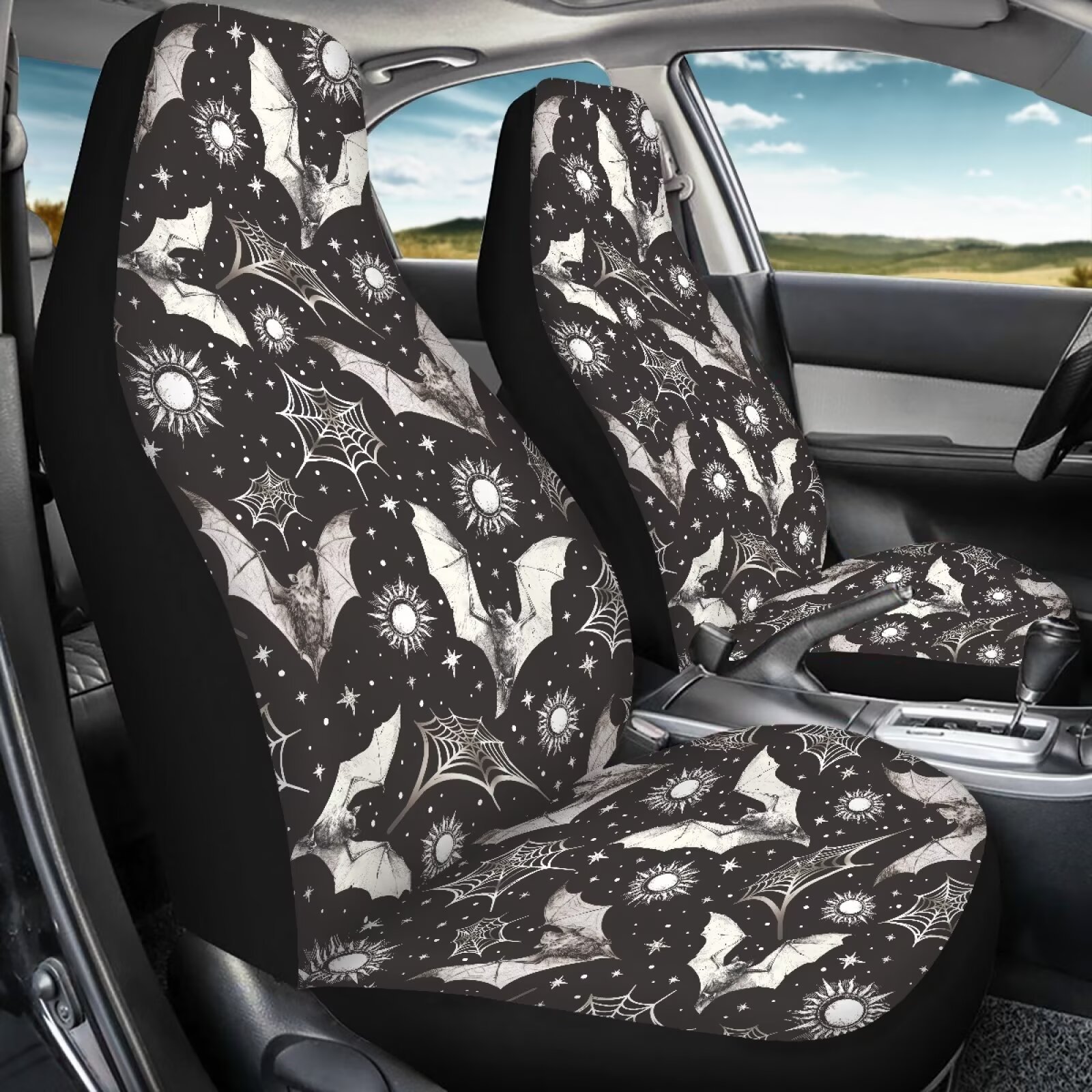 Yuyamidu Bat Front Car Seat Covers Cobweb Automotive Seats Cover Fit for Most of SUV, Sedan, Truck Waterproof Bucket Seat Cover Auto Interior Sets, Halloween