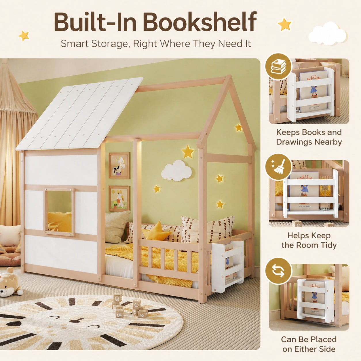 Miniyam Montessori Floor Bed with Roof and Guardrails, Kids House Bed Frame with LED Lights and Bookshelf, Natural Wood & White