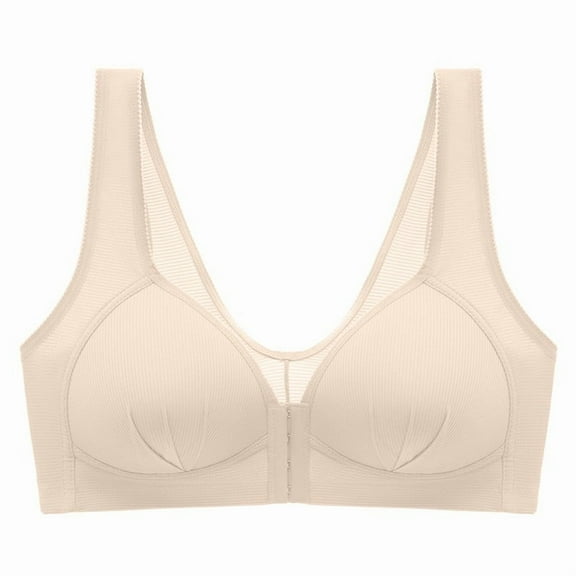 Ashirexll Bras for Women No Underwire, Comfortable Bras for Women, Plus Size Traceless Wireless Breathable Gathering Front Opening Buckle Seamless Bras for Women Beige L