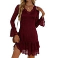 thumbnail image 3 of TaTaai V-Neck Lace Long Sleeve Dress Women's Midi Knee Length Stretchy Elegant Casual Party Dress Vacation Commute Summer Wear Gift, 3 of 6