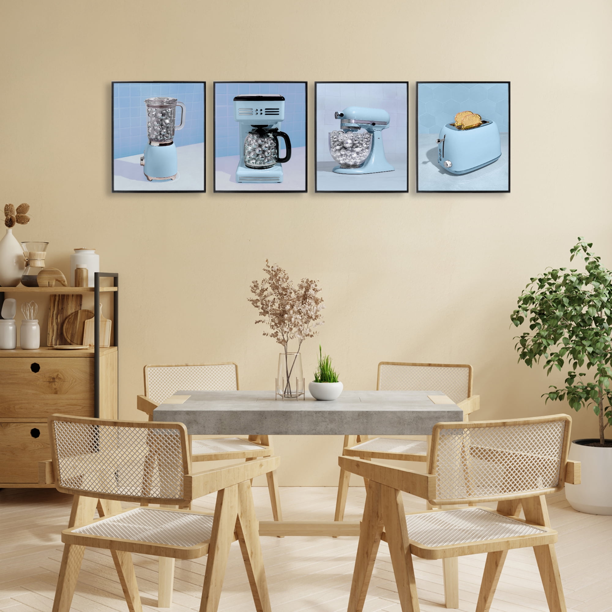 Stupell Industries Disco Kitchen Set over Blue 4 Piece Black Framed Giclee Art Set, design by LISH Creative