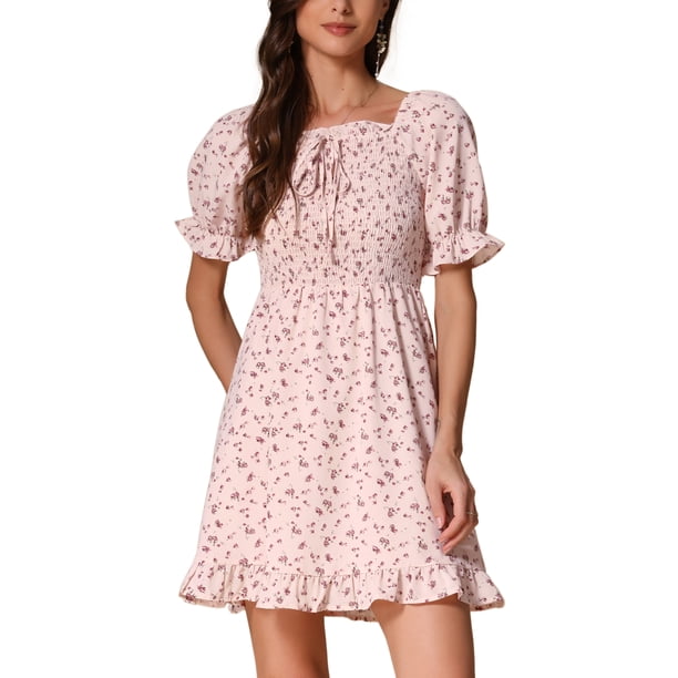 Vestido Floral con Mangas Abullonadas, Espalda Fruncida y Escote Corazón, con Dobladillo Volante XL Rosa Claro