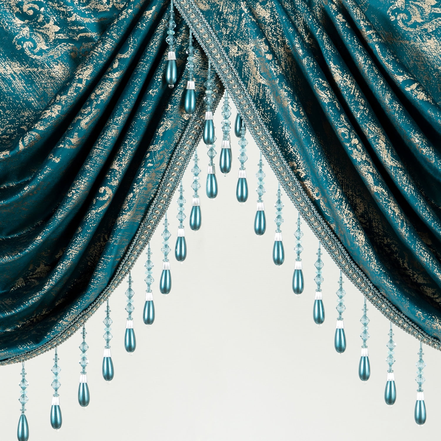 VOGOL Thick Velvet Waterfall Valance, Rod Pocket Swag Curtain with Vintage Tassel, Elegant Line Print Curtain for Living Room Bedroom Décor, 43 x 138 Inches, 1 Piece, Lake Blue