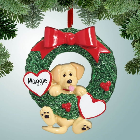 Yellow Lab Hanging from Wreath - Personalized Christmas Ornament - Perfect Stocking Stuffer - Great Gift Ideas