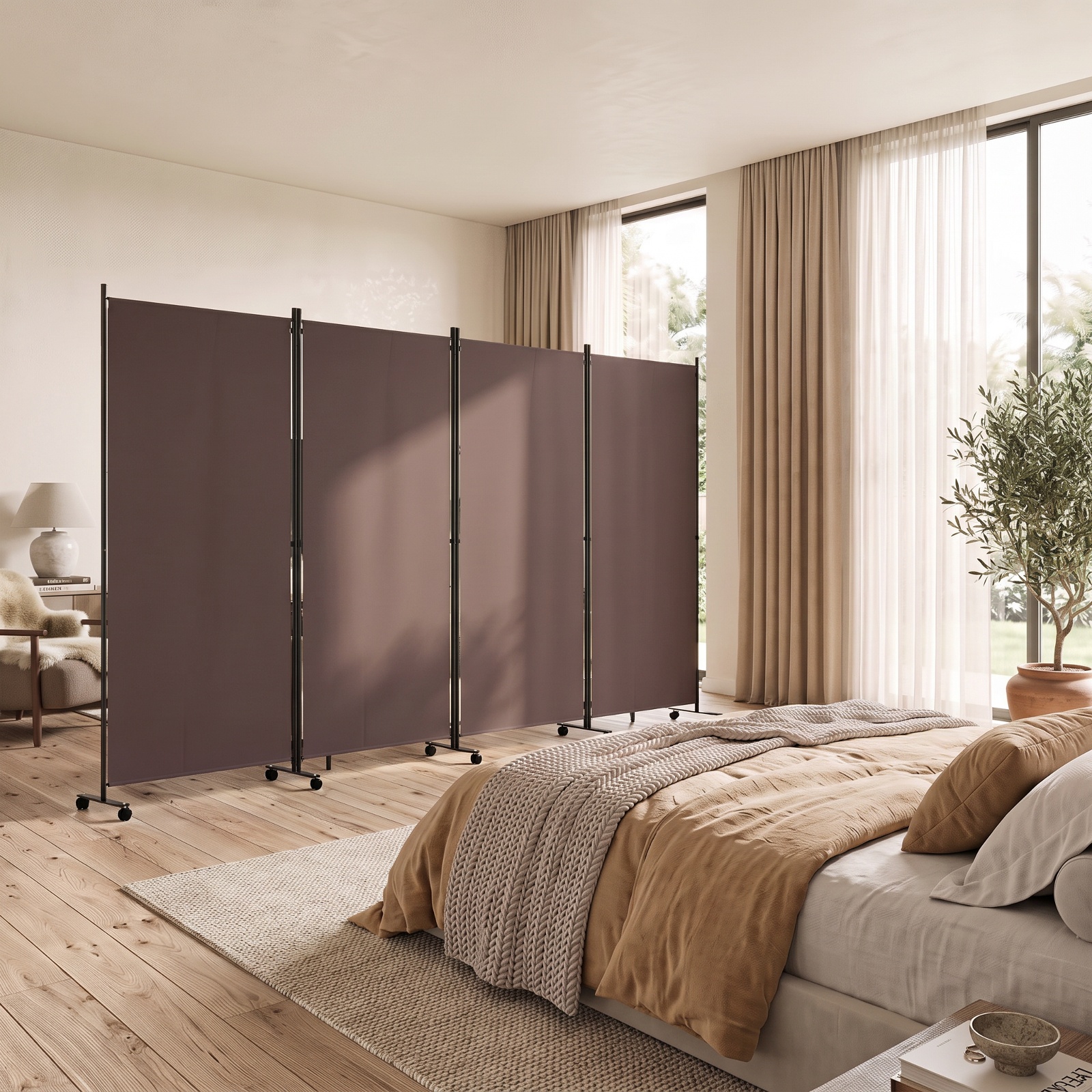 Vebreda 6-Panel Rolling Room Divider Folding Privacy Screen with Lockable Wheels, Freestanding Fabric Partition for Bedroom Office Studio, Coffee