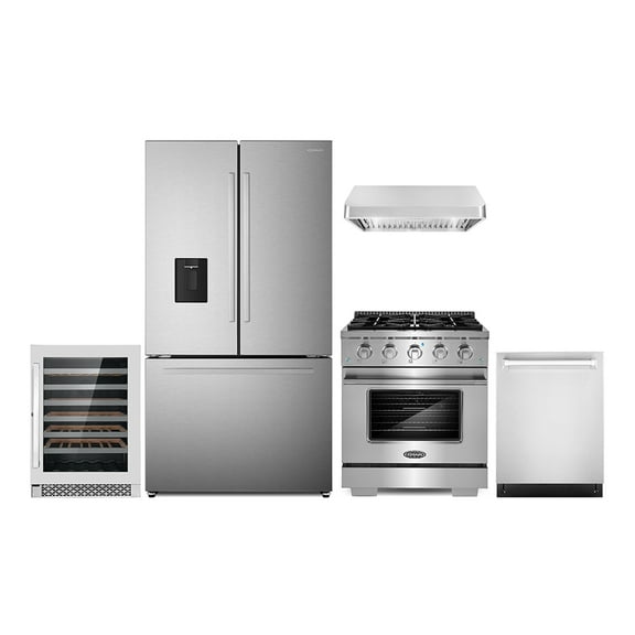 5 Piece Kitchen Package with 30" Freestanding Gas Range 30" Under Cabinet Range Hood 24" Built-in Fully Integrated Dishwasher French Door Refrigerator & 48 Bottle Wine Refrigerator