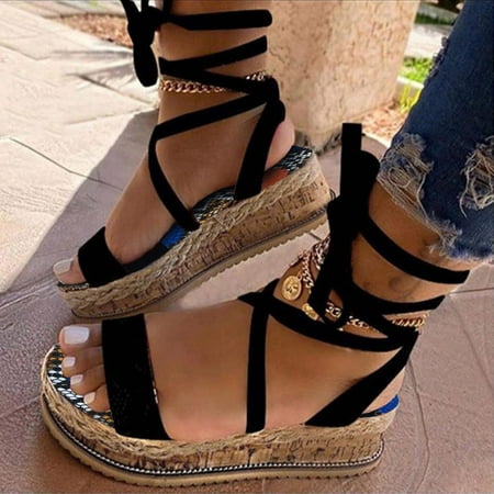 WZJuhiie Toe Shoes Breathable Sandals Summer Women s Open Lace Up Beach Weave Wedges Women s Wedges