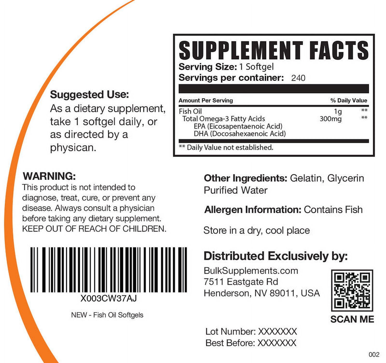 BulkSupplements Fish Oil Softgels,Omega Fatty Acids 1000mg per Serving (240 Softgels - 240 Servings)