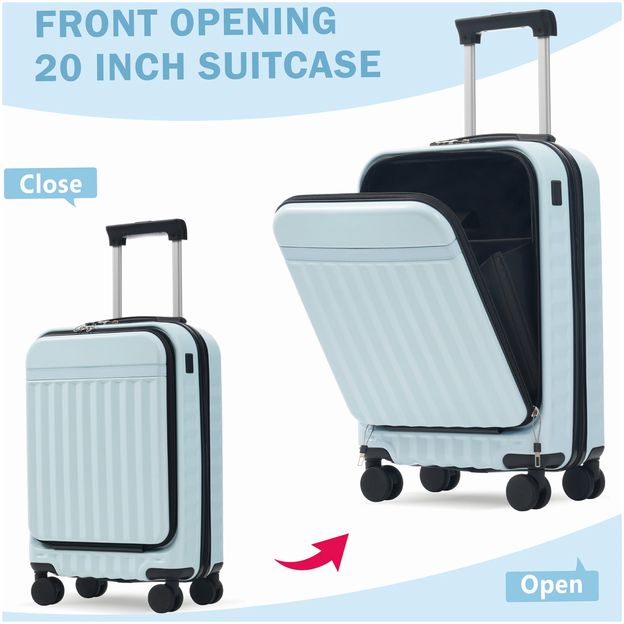 ABS Hardside 3-Piece Luggage Set with Front Opening & USB Charger, TSA Lock, Expandable Light Blue Suitcase with Wheels