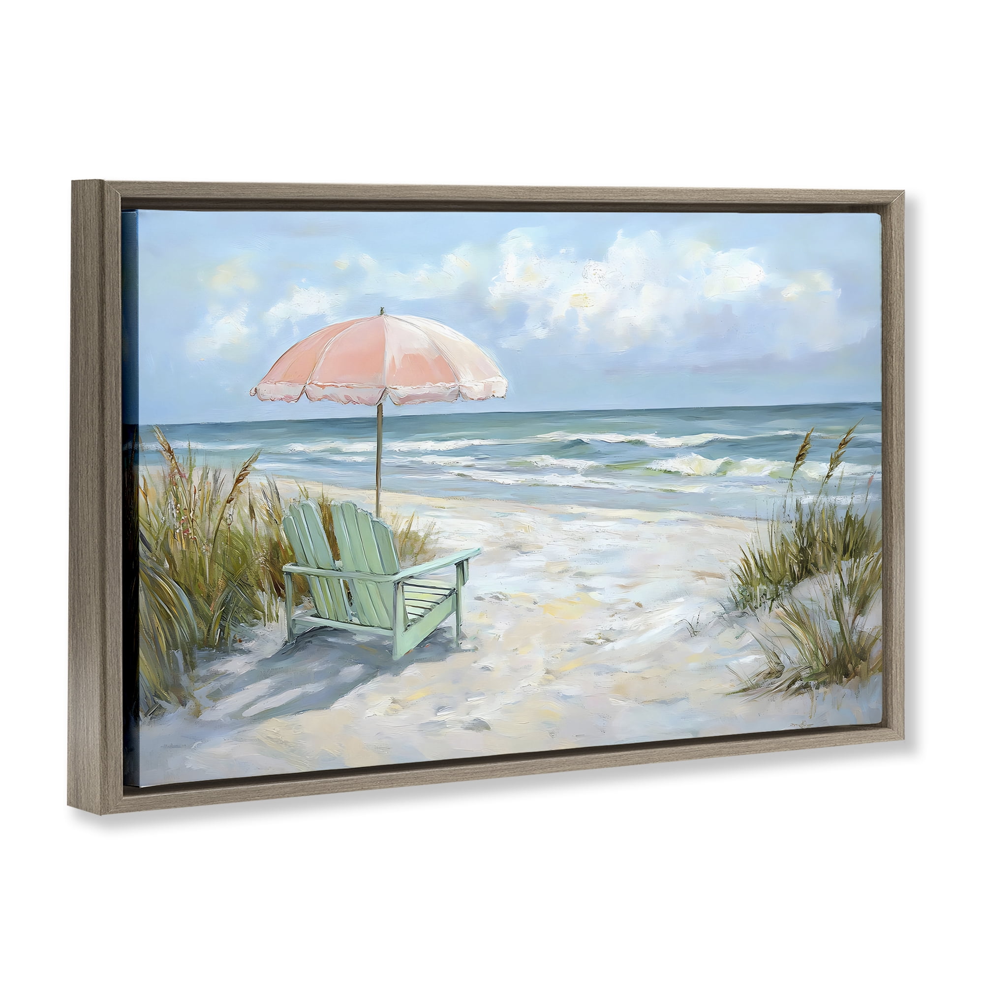 Stupell Industries Seaside Chair & Pink Umbrella Brown Framed Floater Canvas Wall Art, design by Creative Studio