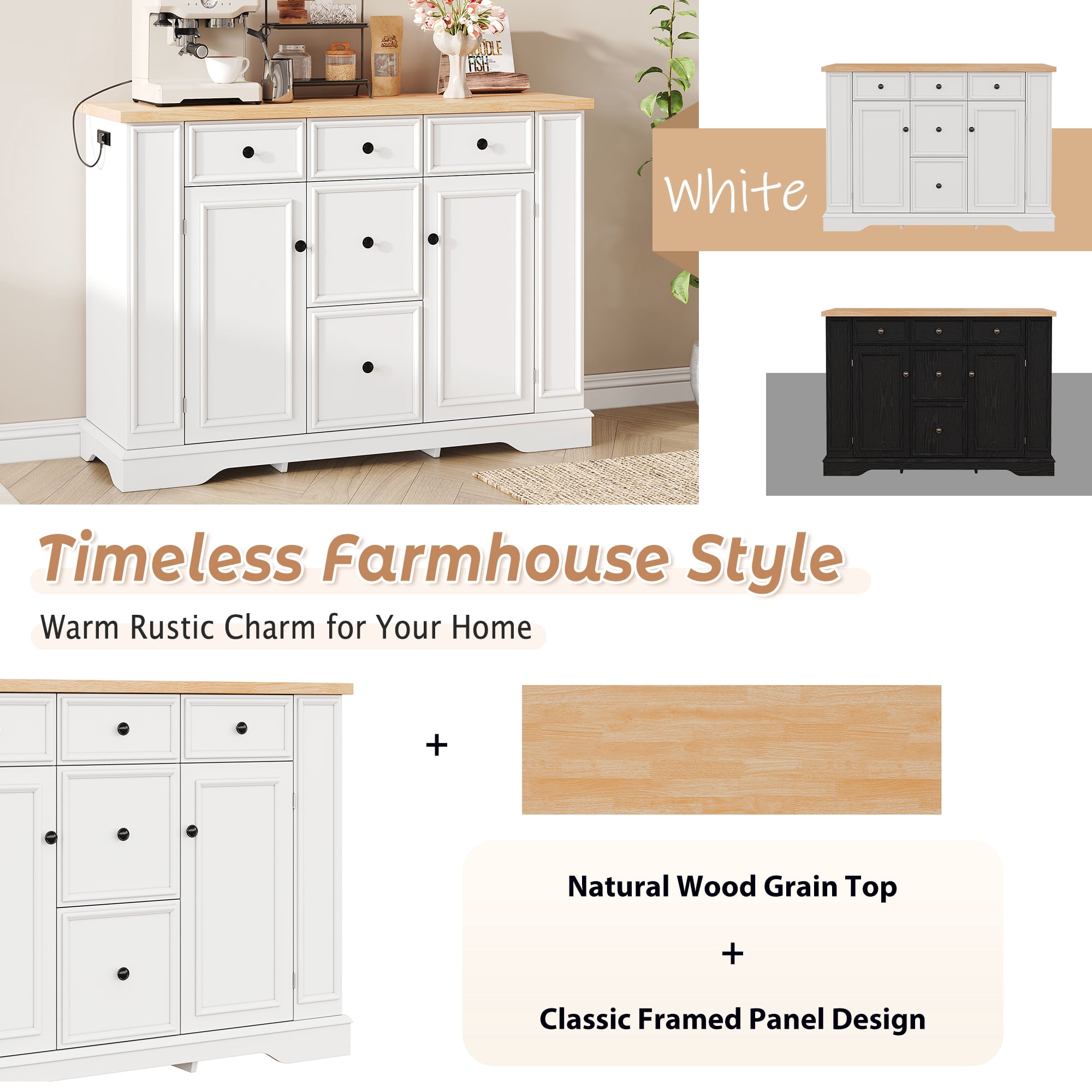 Euroco 51.2" Sideboard Buffet Cabinet with Storage, Modern Kitchen Console Table with 5 Drawers, 2 Cabinets & Adjustable Shelves, Wooden Coffee Bar for Dining Room, Living Room, Entryway,White