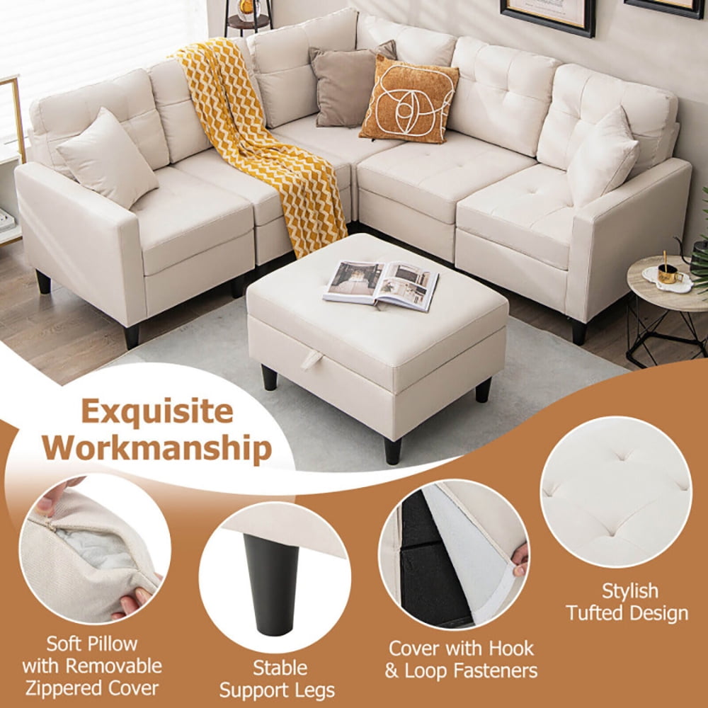 Finihen L-shaped Sectional Sofa Couch, Upholstered L-shaped Sectional Couch, L-shaped Sectional Corner Sofa Set with Storage Ottoman, for Living Room, Beige