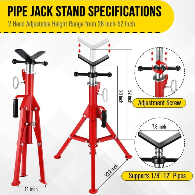 AKDSteel Support de Tuyau – Support de Tête en V Robuste 2500LB avec Pieds Pliants, Hauteur Réglable 28 Pouces-52 Pouces, Supporte des Tuyaux de 1/8 Pouces-12 Pouces, Support de Tuyau Portable pour Soudure et Construction