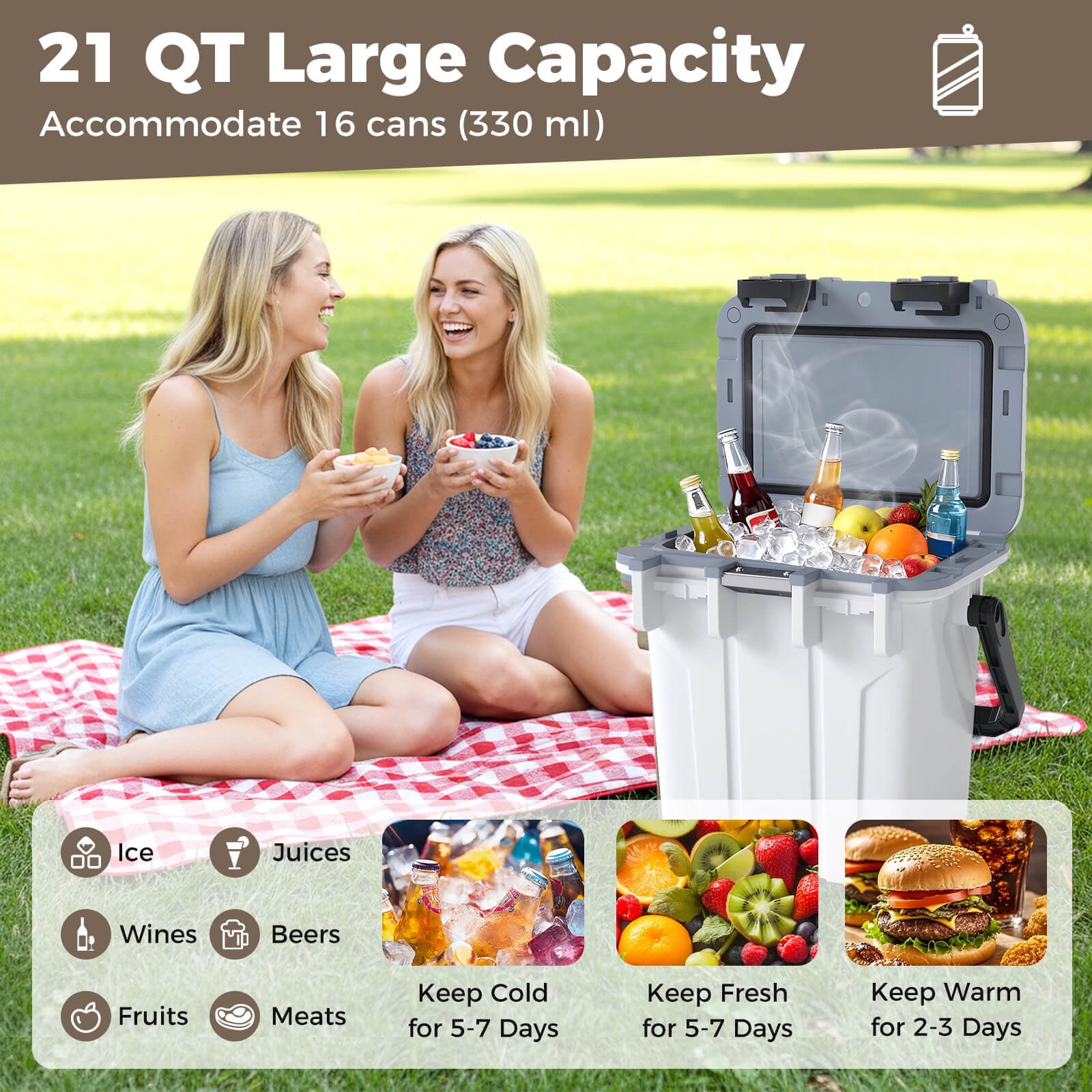 Costway 21 QT Ultra-Light Injection Molded Cooler with Swing-up Handle & Bottle Opener White