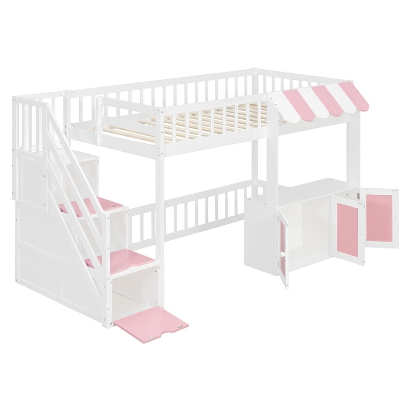 Twin Size Playhouse Kids Loft Bed with Eaves Design, Wood Child Bed Frame with Storage Staircase, LED Light & Under Bed Cabinets