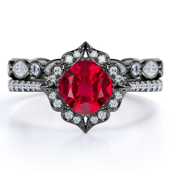JeenMata 2 Carat Cushion Cut Sunset Blood Red Lab Created Ruby Wedding Ring Set in 18k Black Gold over Silver