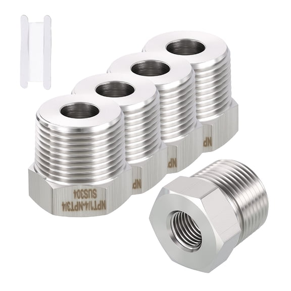 Uxcell 5 Pack 316 Stainless Steel Male to FeMale Adapter, 3/4" Male NPT x 1/4" FeMale NPT Hex Bushing Reducer W/ Sealing Tape for Industrial, Fluid, Home Gardening, Water Treatment
