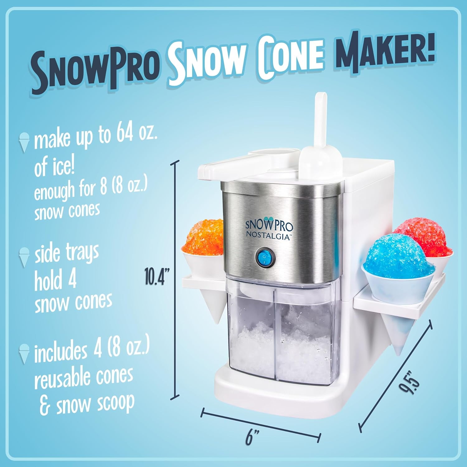 SnowPro Electric Shaved Ice & Snow Cone Maker with 64-Ounce Capacity and 4 Reusable Cones