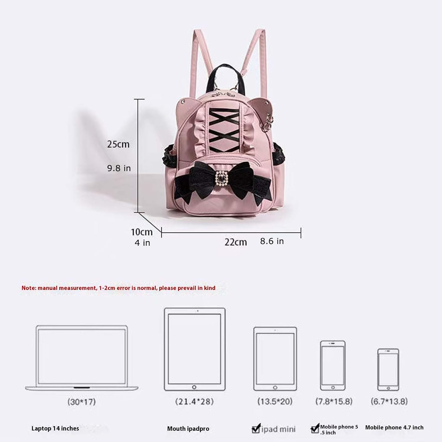 Baguery Kawaii Cat Ear Lolita Drawstring Backpack - Y2K Japanese Ins Style, Gothic Butterfly Bag with Corset Lacing (Black/Grey/Pink)​