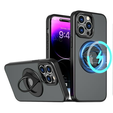 ELEHOLD for iPhone 14 Pro Max Case Matte Magnetic Clear Back Slim Thin Lightweight with Folding Ring Kickstand Shockproof Protective Case Compatible with Mag Safe for iPhone 14 Pro Max,black