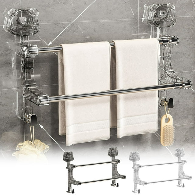 Sentmoon Towel Racks Shower Shelves Double Rod Retractable Suction Cup Towel Rack Bathroom Plastic Towel Rack Punch Free Storage Rack for Small Spaces