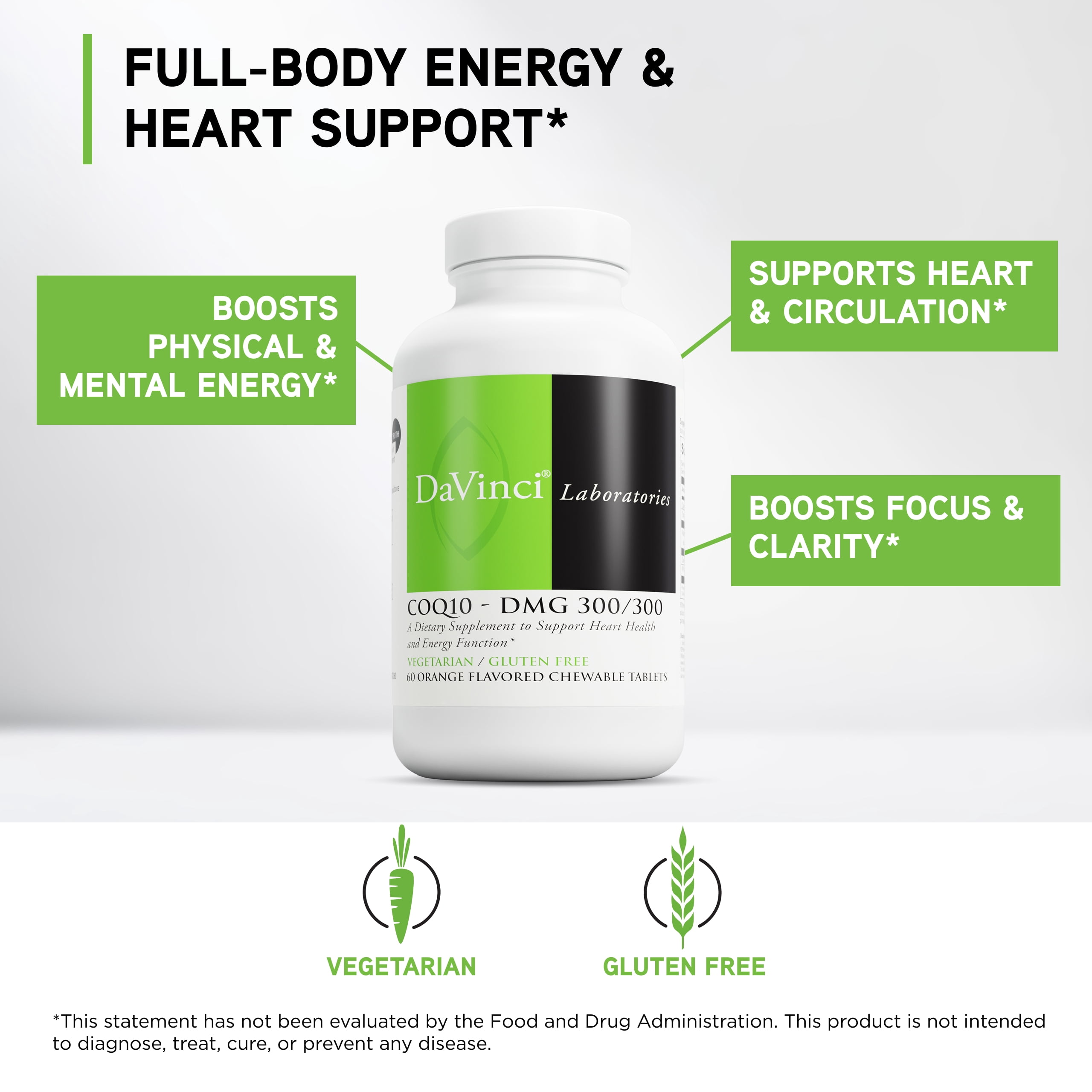 DaVinci Labs CoQ10 - DMG 300/300 - Supports Heart & Immune Health* & Energy - 60 Orange Flavored Tablets