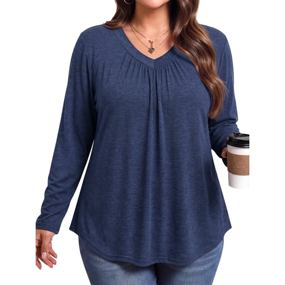 WellSize Womens Plus Size Tops Casual Pleated V Neck Fall Blouse Tunic Long Sleeve Shirts