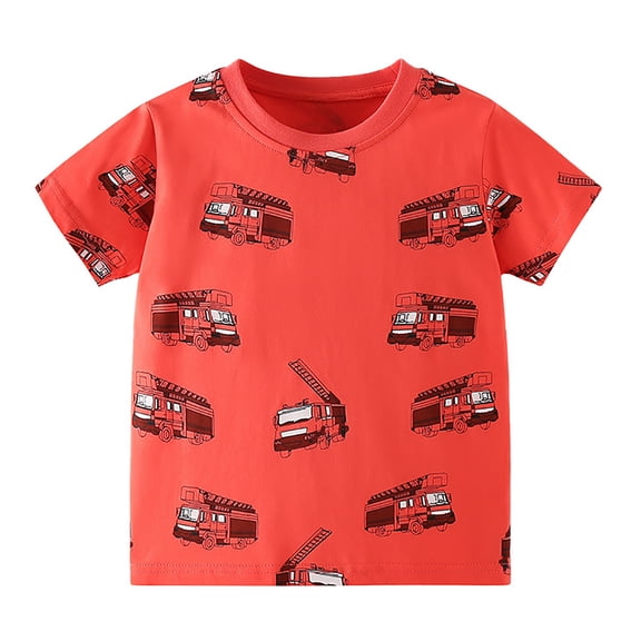 DAETIROS Kids Boys Fire Truck T-Shirt Soft Stretchy Short Sleeve Crew Neck Graphic Tee Red Fire Engine Print Kids Casual Shirt,Size 4 T