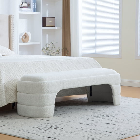 64.96" White Boucle Armless Upholstered End of Bed Bench, Solid Wood Frame Multi-Use Ottoman Foot Stool for Bedroom Entryway Living Room