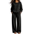 thumbnail image 2 of Women's Sweatsuit 2 Piece Outfit Long Sleeve Crew Neck Sweatshirt with Kangaroo Pocket Wide Leg Pants Soft Relaxed Fit Casual Lounge Wear Set for Fall Winter Daily Wear Black L, 2 of 7
