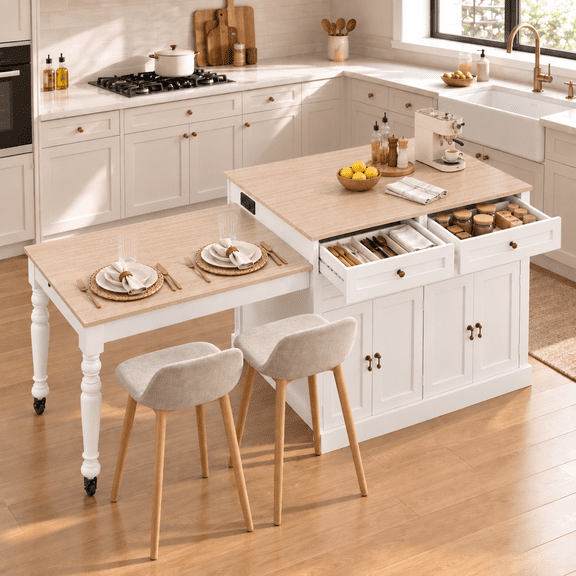 CBJCBJ Modern Extendable Kitchen Islands on Wheels with Power Outlet, Dining Table Cart with 4 Doors Storage, White
