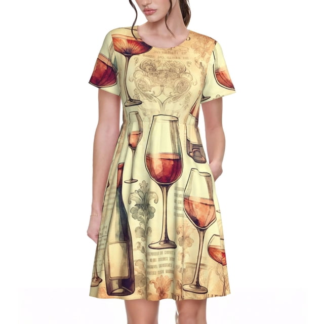 Bixox Robe d'Été à Manches Courtes pour Femmes Robe Ample Longueur Genou avec Poches-Vin